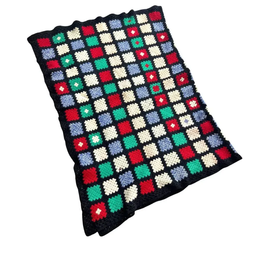 Vintage Granny Square Handmade Afghan Knitted Throw Blanket Multicolor  32”x43”